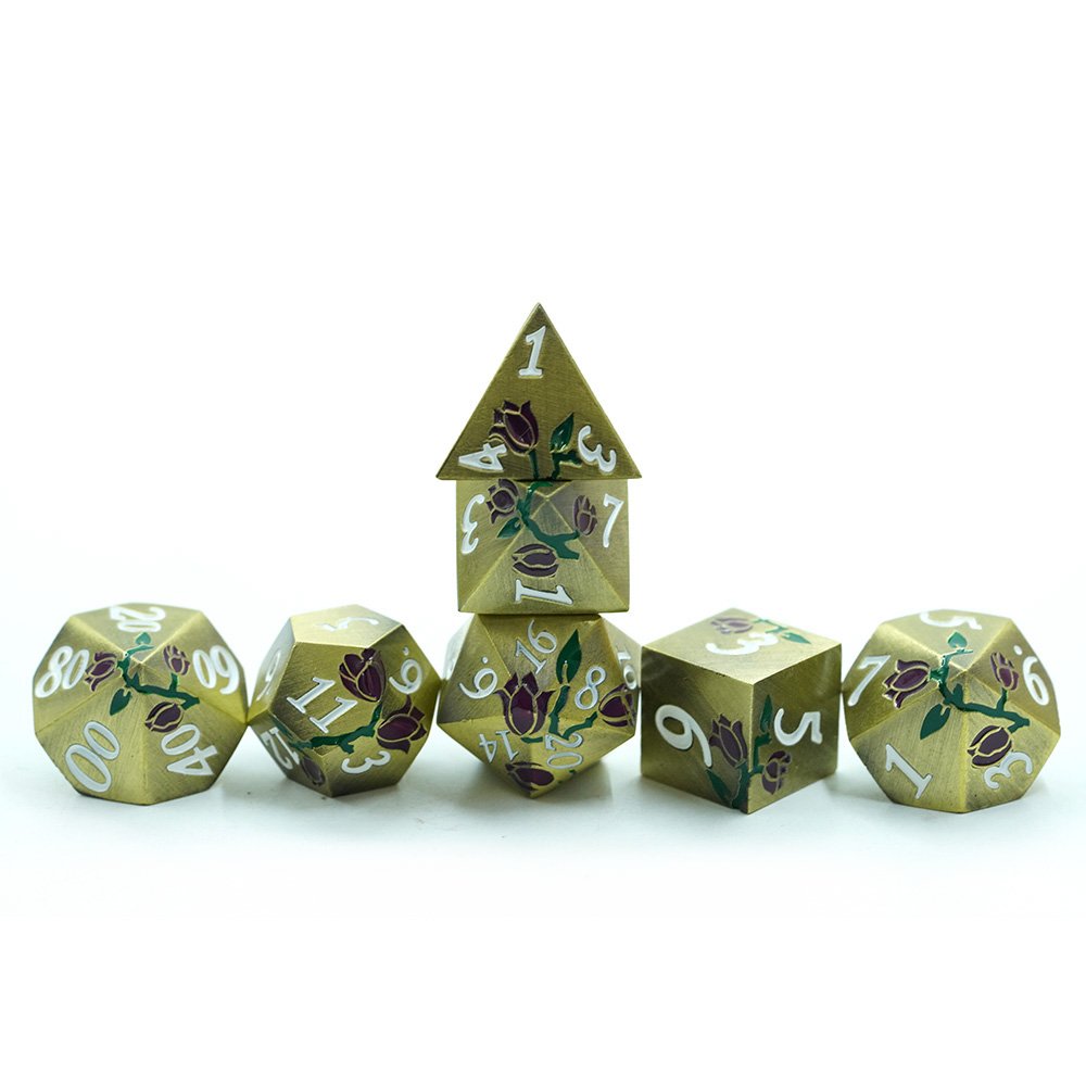 Custom Dnd Metal D&d Dice Set Copper With Plated Gold Purple Flower Dice For Game