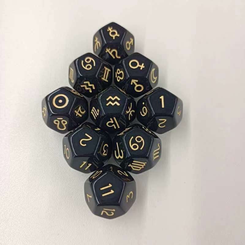 Black Resin 12-Sided Astrology Polyhedral Dice Set DND Game Set