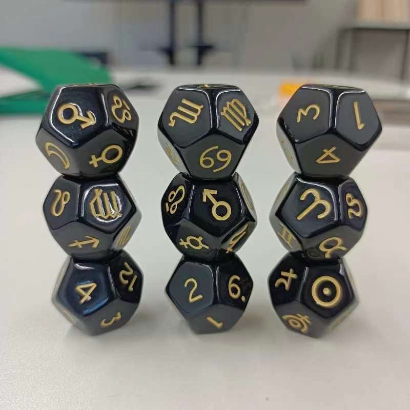 Black Resin 12-Sided Astrology Polyhedral Dice Set DND Game Set