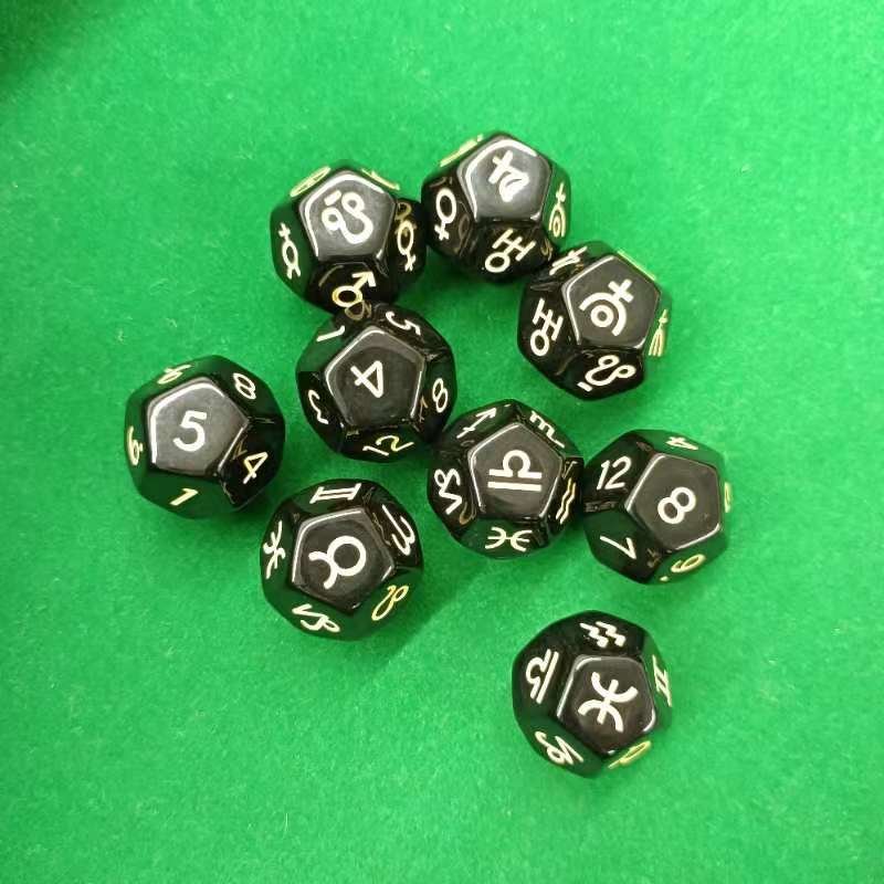 Black Resin 12-Sided Astrology Polyhedral Dice Set DND Game Set