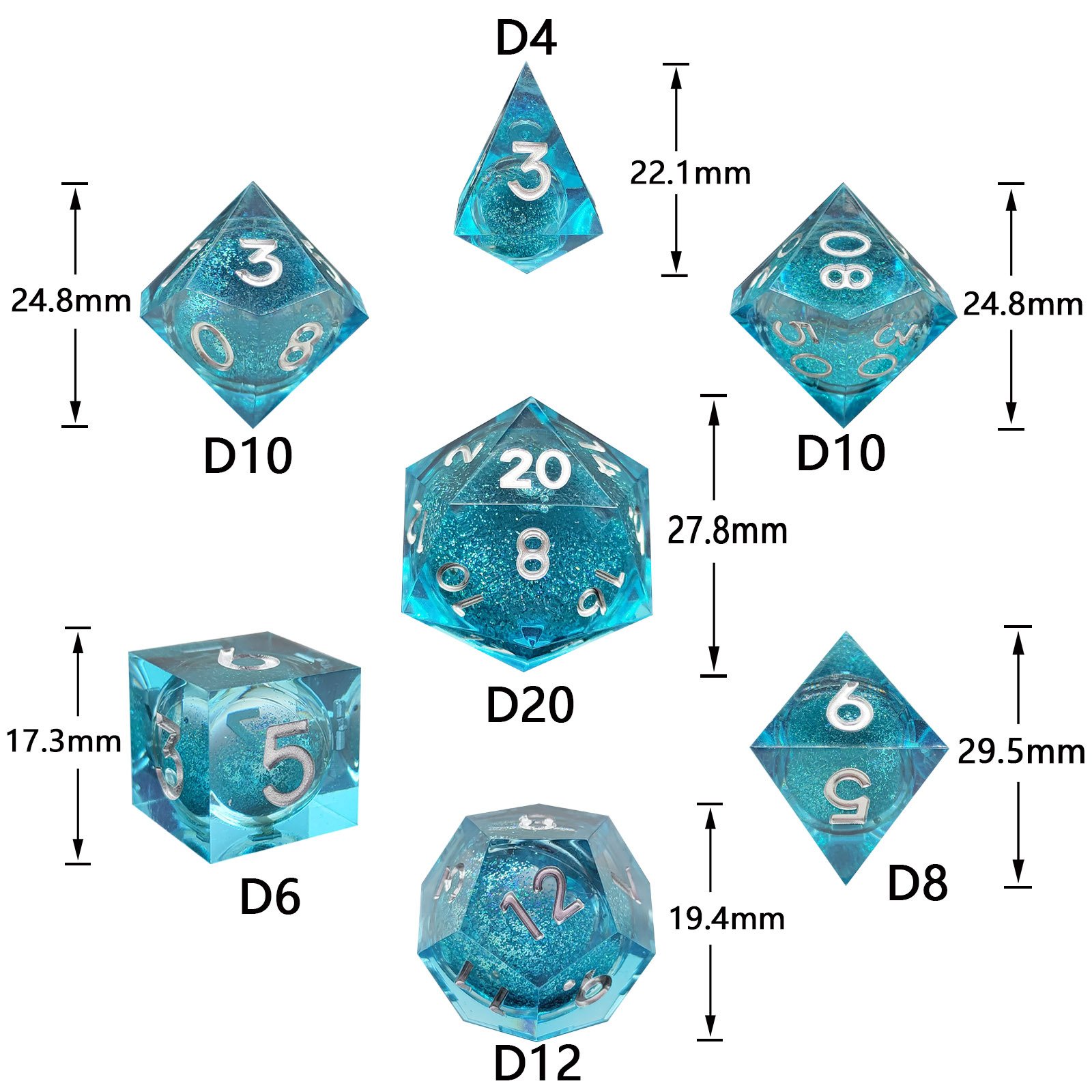 RL Liquid Core DND Dice Set, 7pcs Resin Sharp Edged Dice for Dungeons and Dragons, Handmade RPG Dice