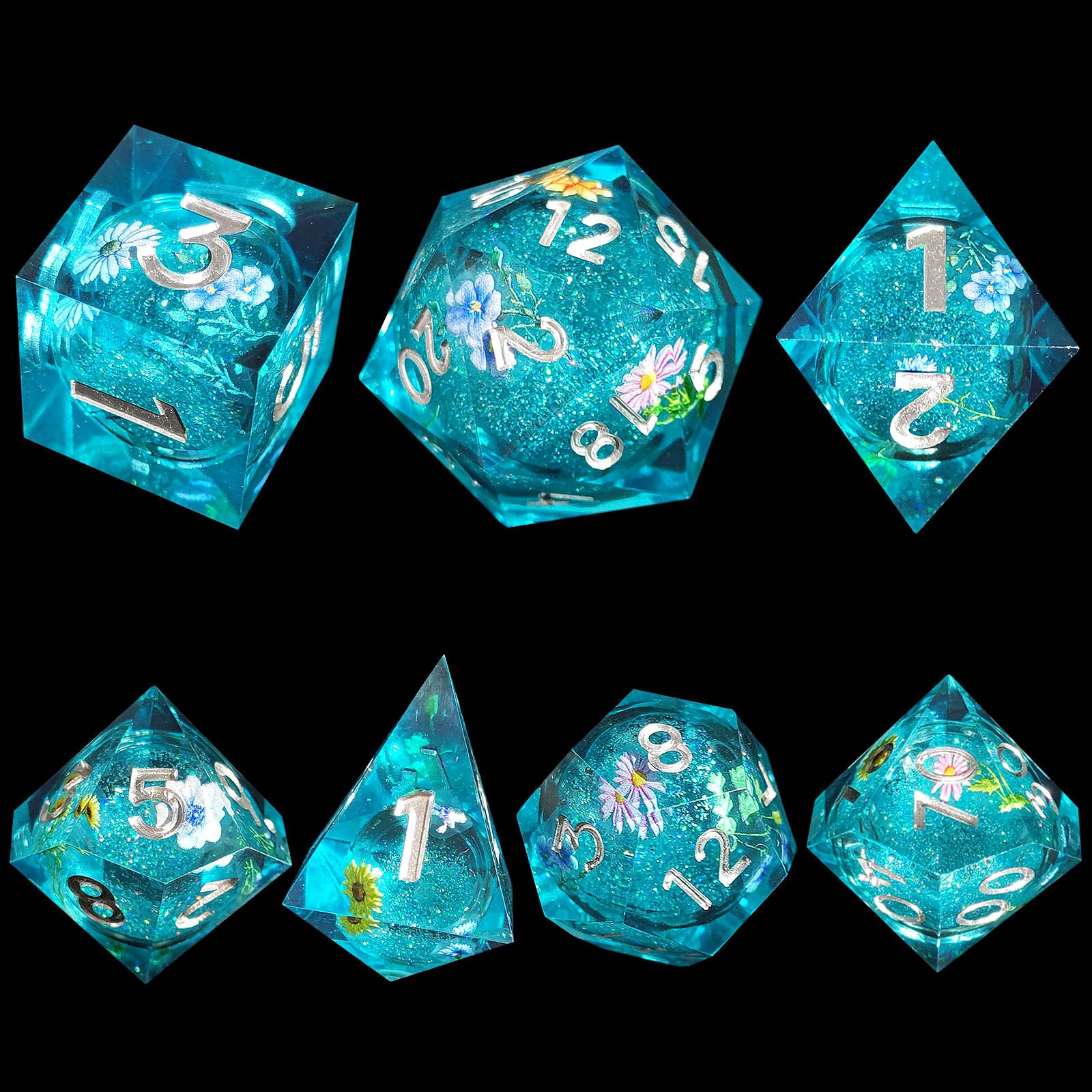 RL Liquid Core DND Dice Set, 7pcs Resin Sharp Edged Dice for Dungeons and Dragons, Handmade RPG Dice