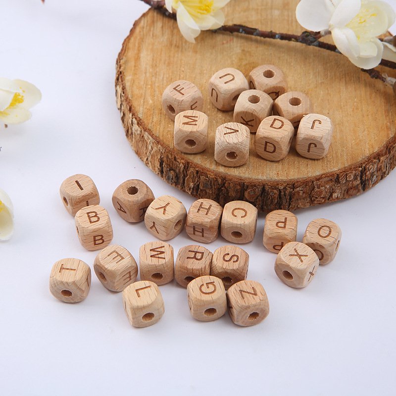 wholesale Custom 10mm 12mm laser engraved dice Wood Color Beech Square Cube Wooden English Alphabet Letter Beads with Hole