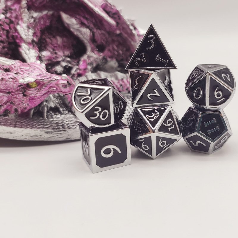 Wholesale bulk 7 cosplay metal dice enamel 16mm polyhedron rpg tabletop game tray set D4-D20 sharp dnd custom logo flash dice