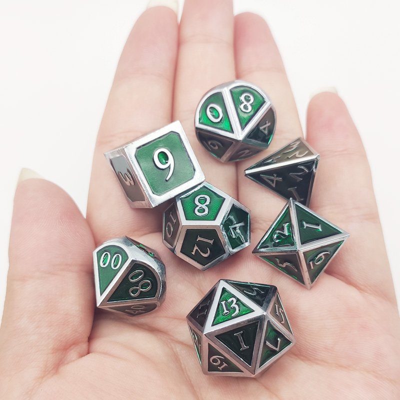 Wholesale bulk 7 cosplay metal dice enamel 16mm polyhedron rpg tabletop game tray set D4-D20 sharp dnd custom logo flash dice