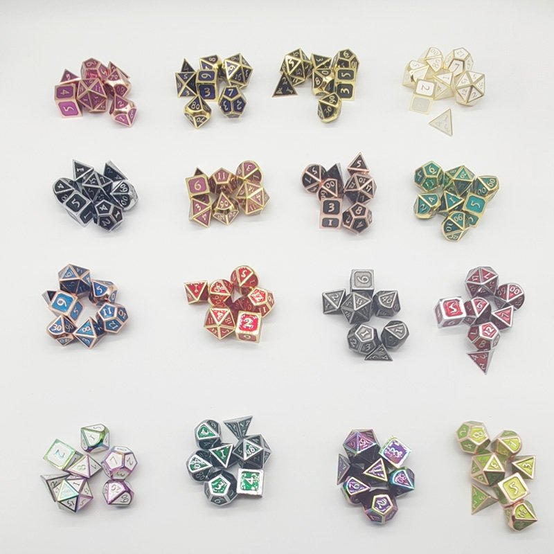 Wholesale bulk 7 cosplay metal dice enamel 16mm polyhedron rpg tabletop game tray set D4-D20 sharp dnd custom logo flash dice