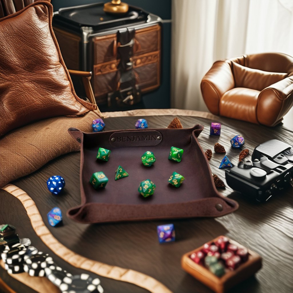 Genuine Leather DND Dice Tray with Strap Leather Board RPG Game Valet Tray Crazy Horse Leather Scroll Rolling Dice Tray