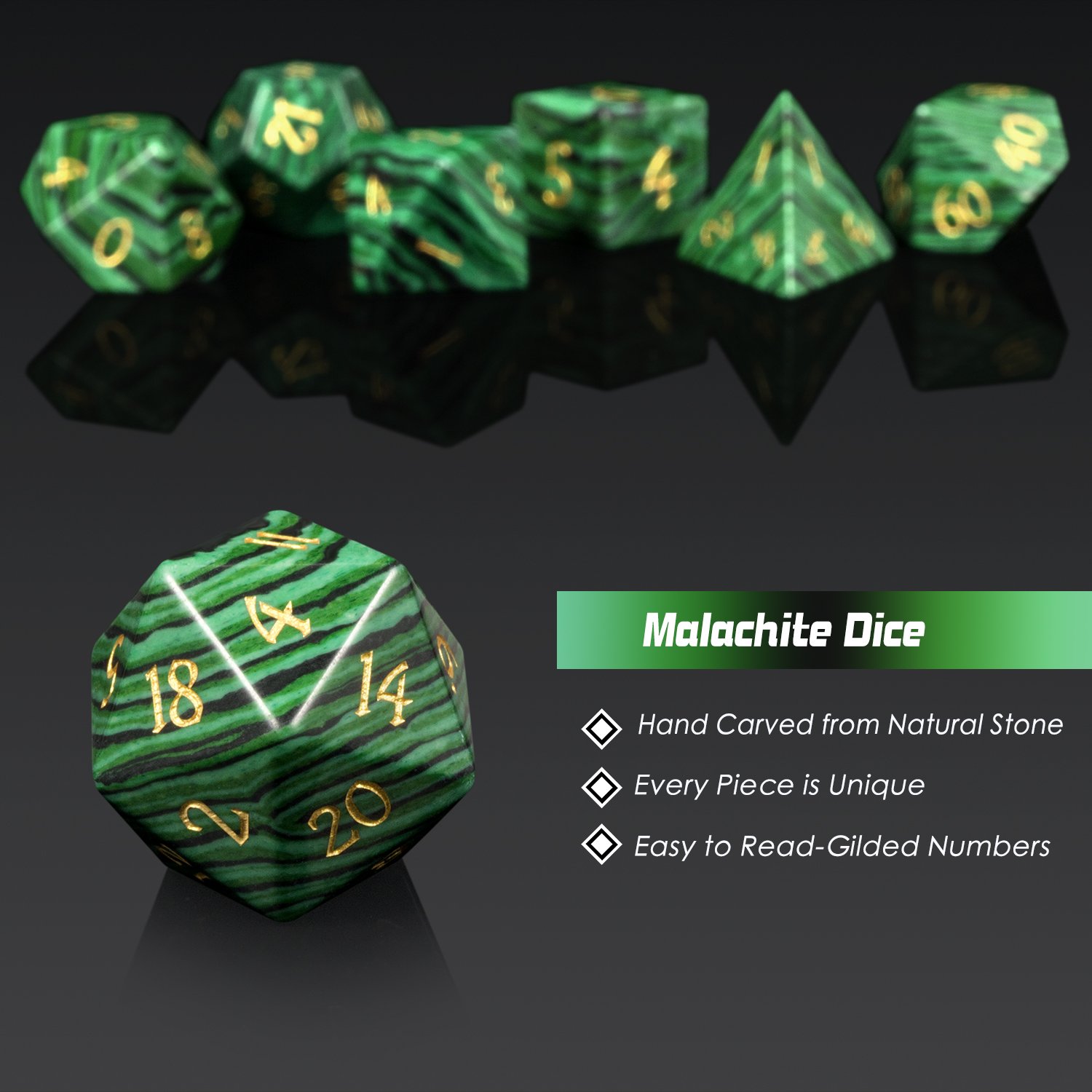 New style Natural Gemstone Dice Custom Engraved DND gem Dice Stone Handmade Polyhedral Dice Set for Table Games Malachite