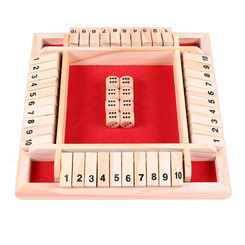 Four Sided 10 Numbers Shut The Box Board Game Wooden Flaps & Dice Set Deluxe Board Game Party Club Games for Adults Families