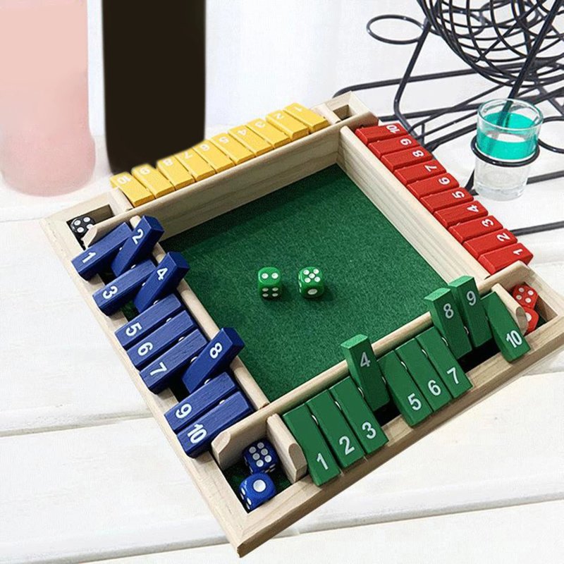 Four Sided 10 Numbers Shut The Box Board Game Wooden Flaps & Dice Set Deluxe Board Game Party Club Games for Adults Families