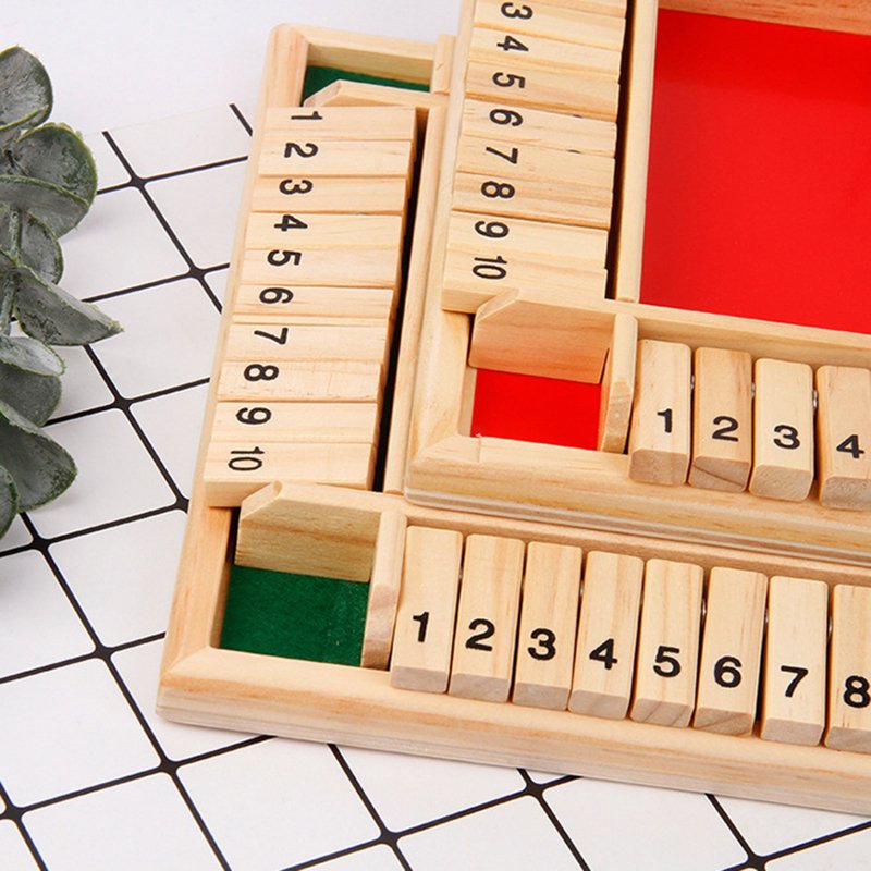 Four Sided 10 Numbers Shut The Box Board Game Wooden Flaps & Dice Set Deluxe Board Game Party Club Games for Adults Families
