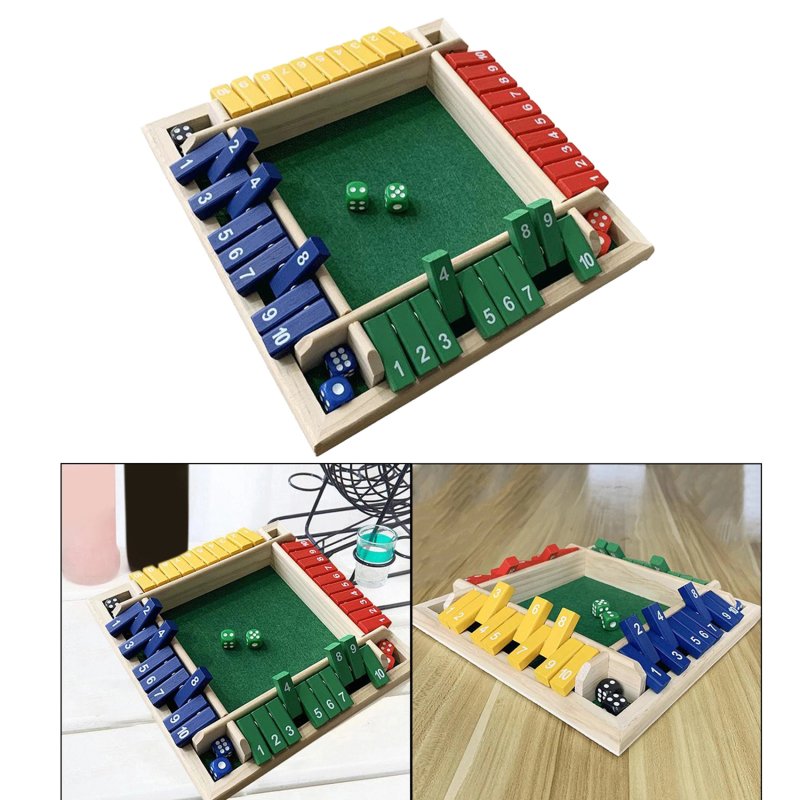 Four Sided 10 Numbers Shut The Box Board Game Wooden Flaps & Dice Set Deluxe Board Game Party Club Games for Adults Families