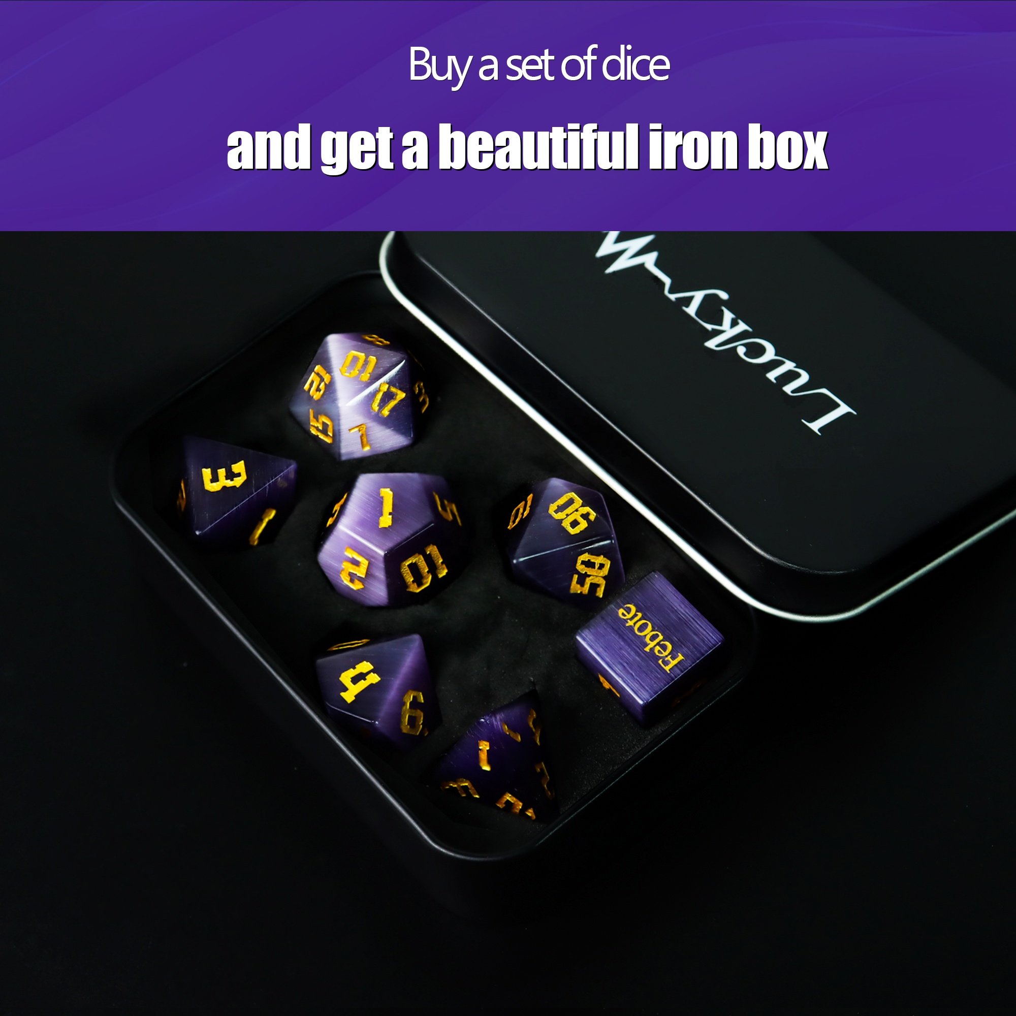 factory wholesale dnd dice dark purple cat eye gemstone dice set custom font and logo for dungeons and dragons RPG