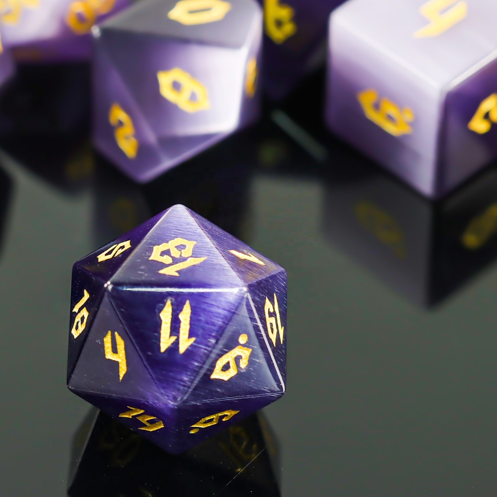 factory wholesale dnd dice dark purple cat eye gemstone dice set custom font and logo for dungeons and dragons RPG