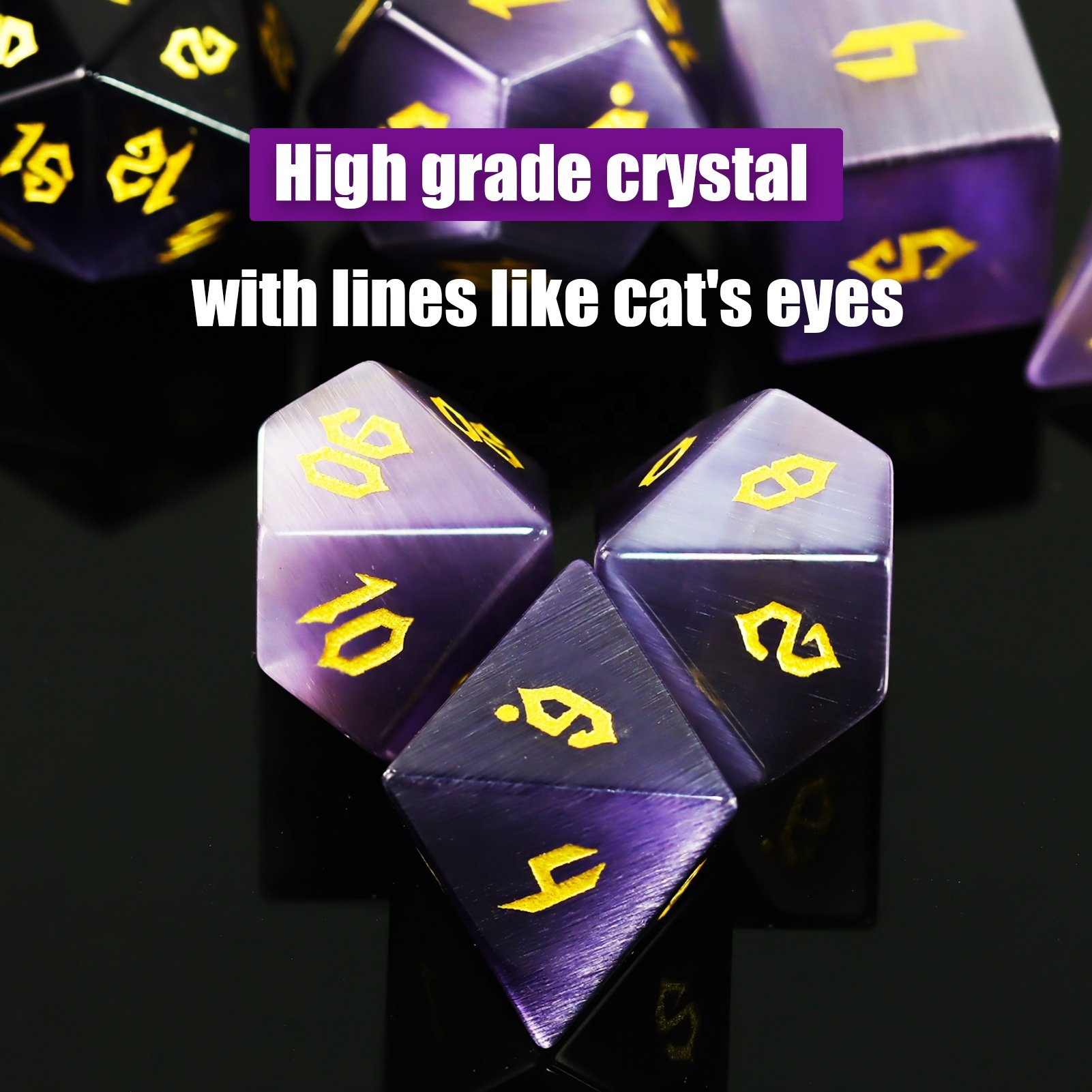 factory wholesale dnd dice dark purple cat eye gemstone dice set custom font and logo for dungeons and dragons RPG