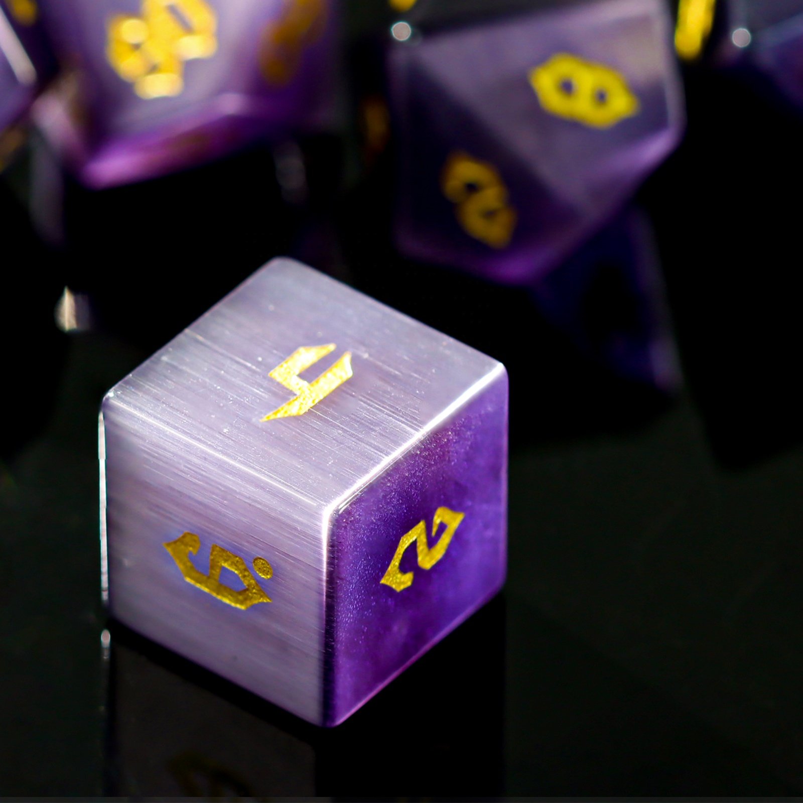 factory wholesale dnd dice dark purple cat eye gemstone dice set custom font and logo for dungeons and dragons RPG