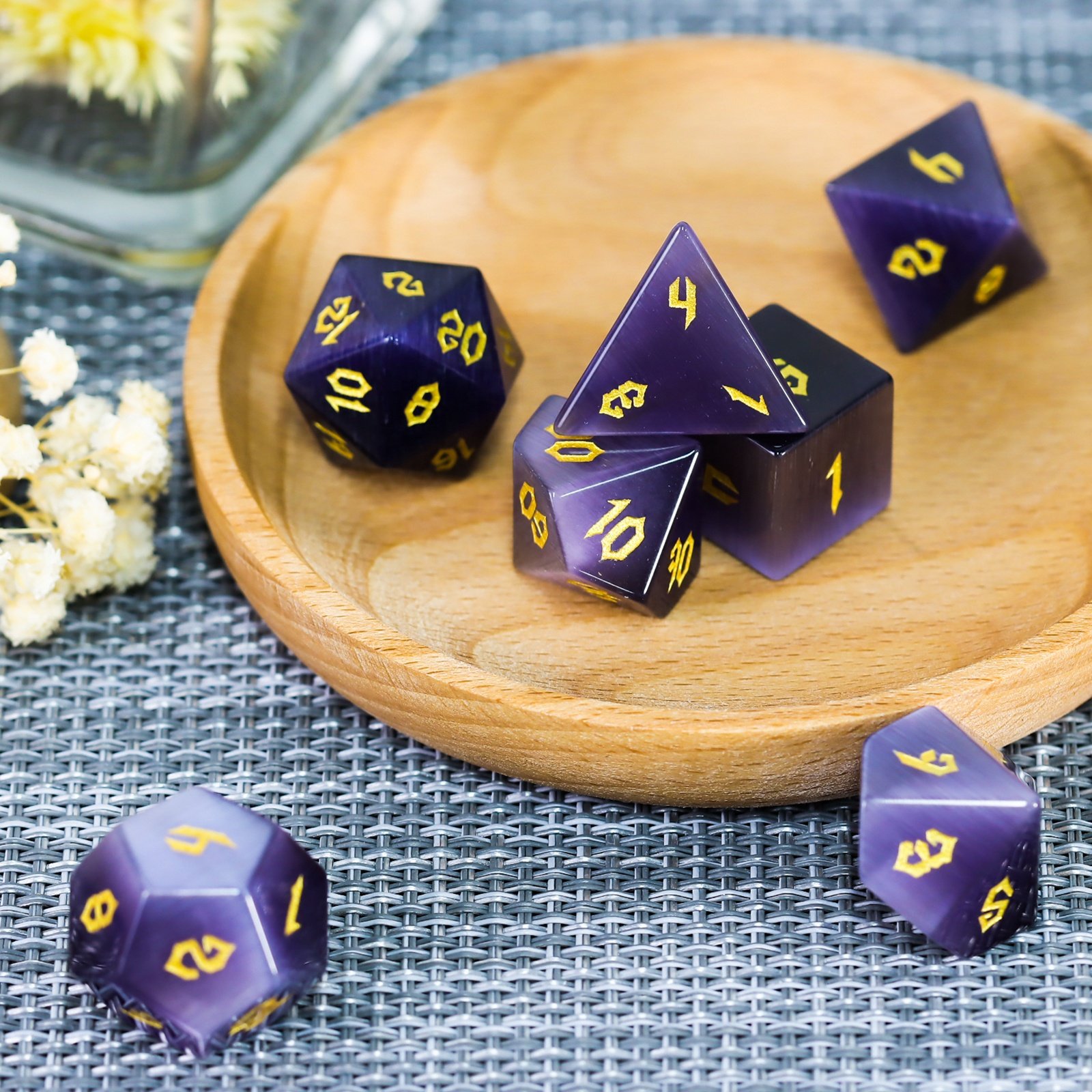 factory wholesale dnd dice dark purple cat eye gemstone dice set custom font and logo for dungeons and dragons RPG