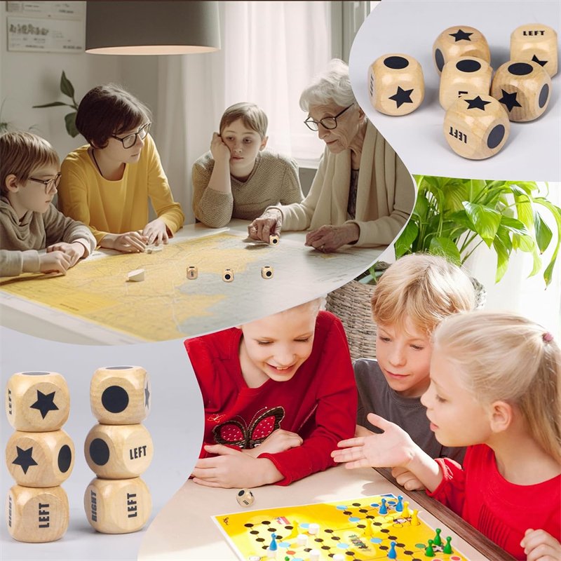 Indoor Outdoor Kids Toys Family Travel 6Pcs Dice Game Wooden 1.2 inch Left Right Center Dice Set with Carry Bag