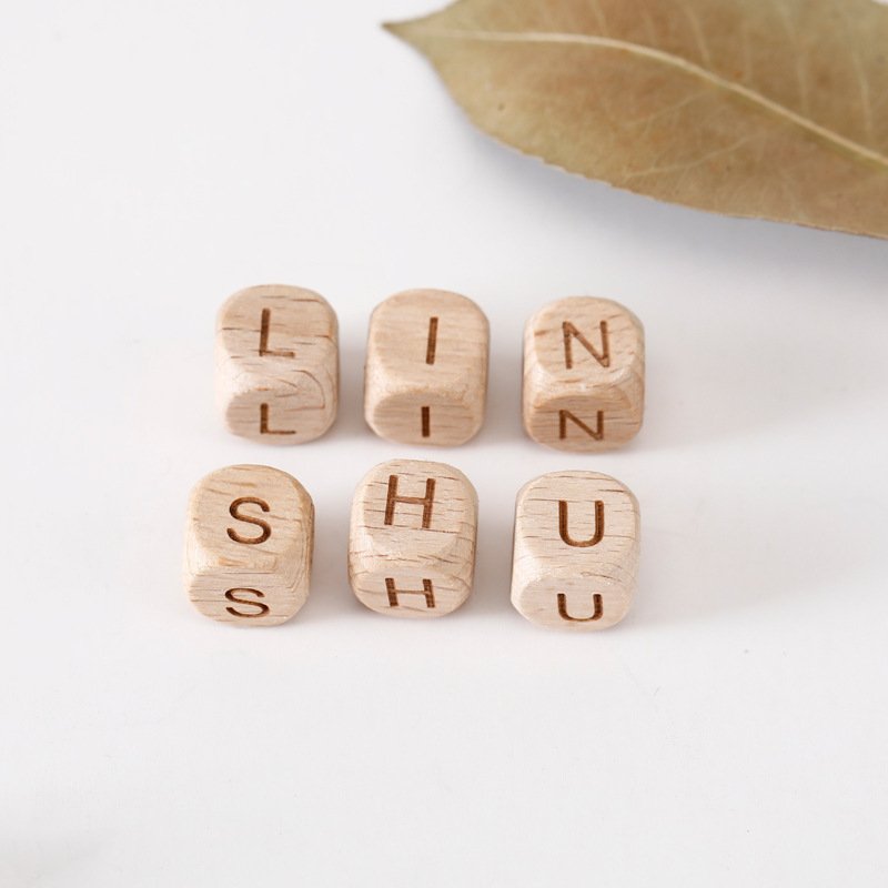Wholesale Custom 20mm 50mm 100mm laser carved dice wood color Beech square and cube wood English letter with holes wooden toys