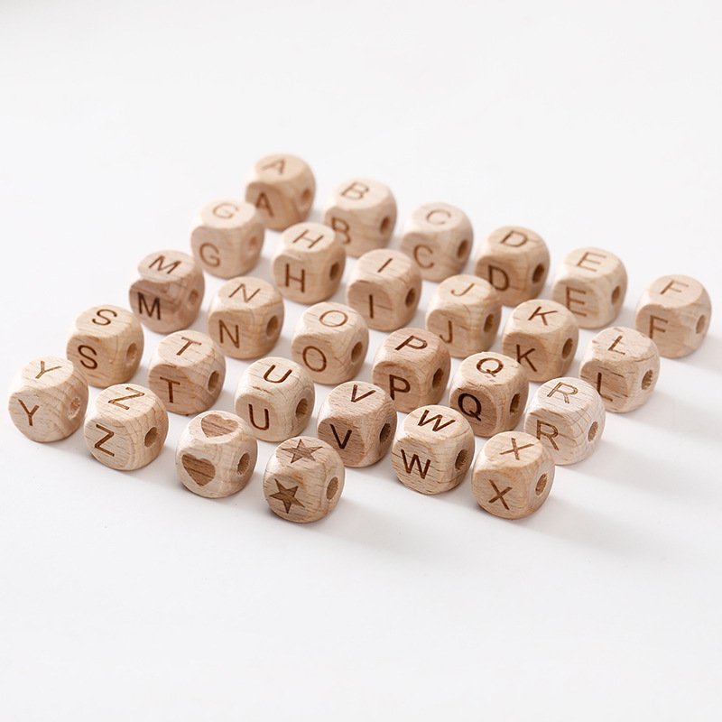 Wholesale Custom 20mm 50mm 100mm laser carved dice wood color Beech square and cube wood English letter with holes wooden toys