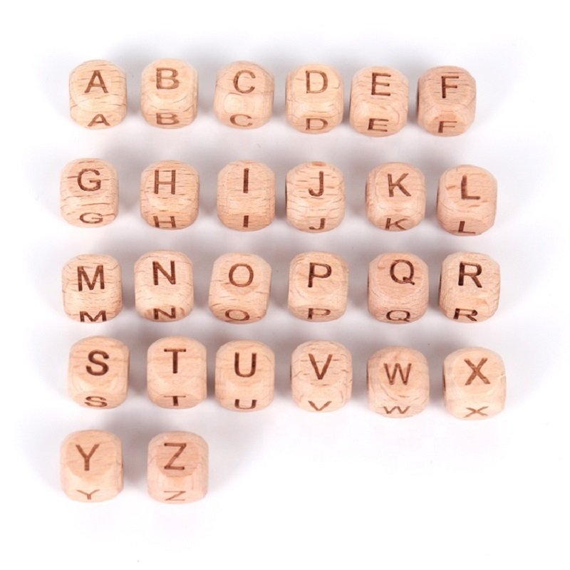 Wholesale Custom 20mm 50mm 100mm laser carved dice wood color Beech square and cube wood English letter with holes wooden toys