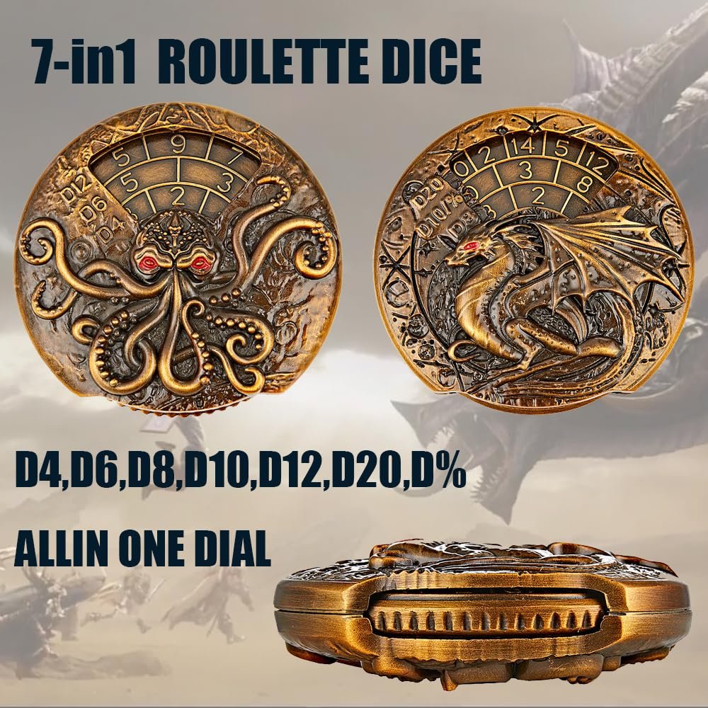 7-in-1 Unique Rotating DND Dice Cool Rotating Dragon and Dungeon Dice Set Role Playing Game Dragon Metal Dice Set