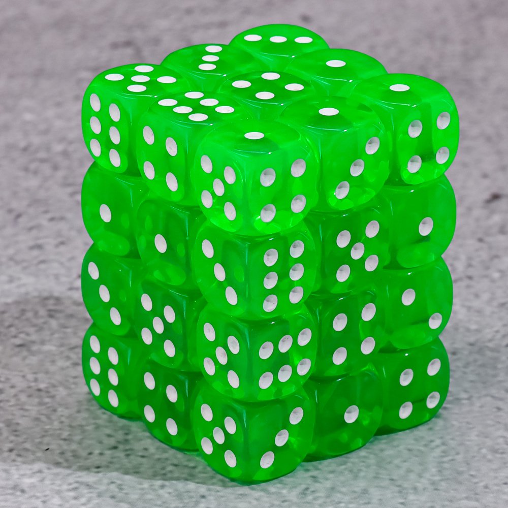 Hot selling 12mm D6 Transparent Green pips dice with plastic box for Dungeons and Dragon board game