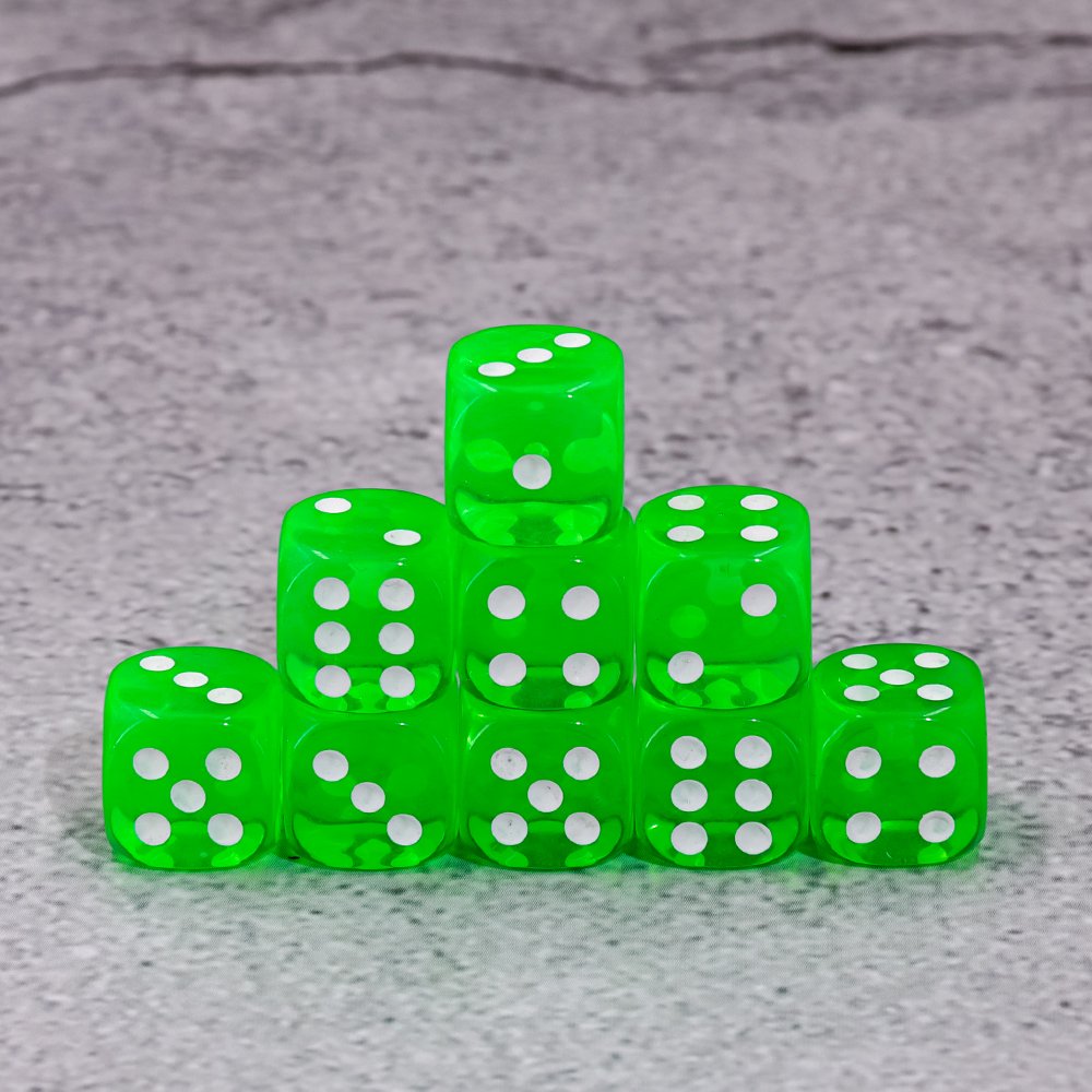 Hot selling 12mm D6 Transparent Green pips dice with plastic box for Dungeons and Dragon board game