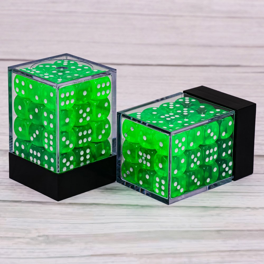 Hot selling 12mm D6 Transparent Green pips dice with plastic box for Dungeons and Dragon board game