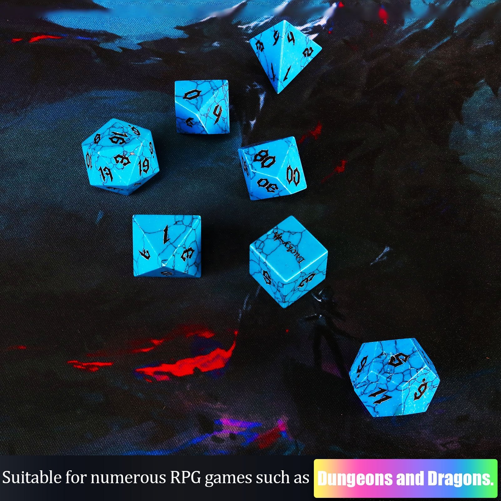 Factory Wholesale Customized Black Line BlueTurquoise Stone DND Dice Set For Dungeons And Dragons Role-playing Board Games