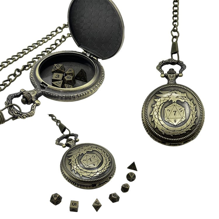 Premium D20 Dragon Pocket Watch Shell DND Dice Case with Mini Metal Dice Set Board Game Accessories