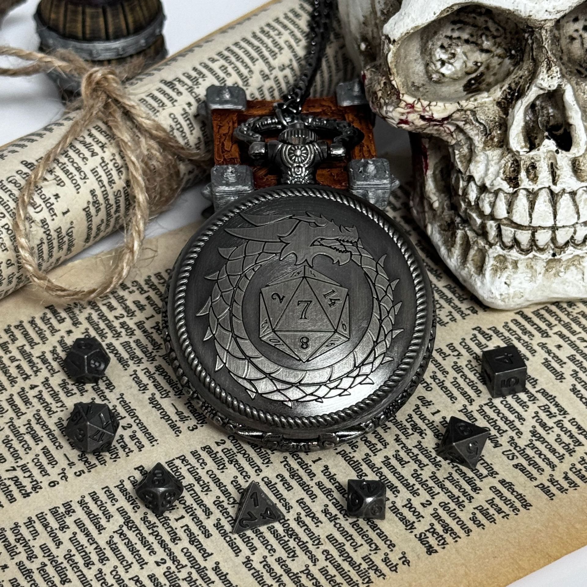 Premium D20 Dragon Pocket Watch Shell DND Dice Case with Mini Metal Dice Set Board Game Accessories