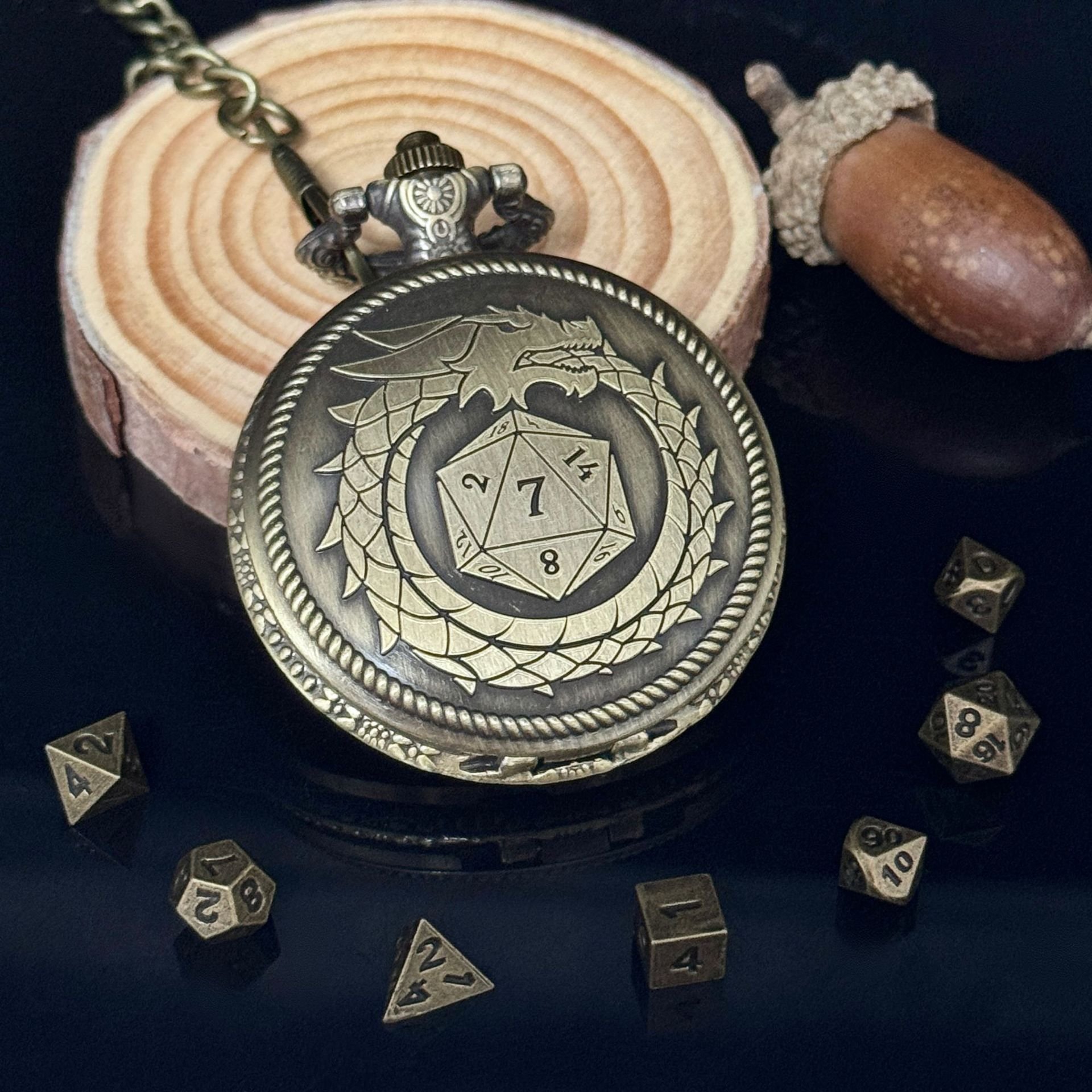 Premium D20 Dragon Pocket Watch Shell DND Dice Case with Mini Metal Dice Set Board Game Accessories