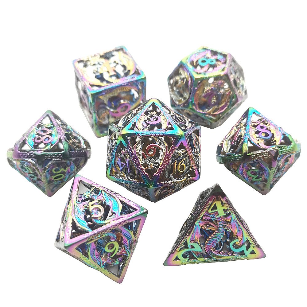 Factory Wholesale Polyhedral Metal Dice Set Custom Rainbow Metal Hollow Dragon Gaming Dice D & D
