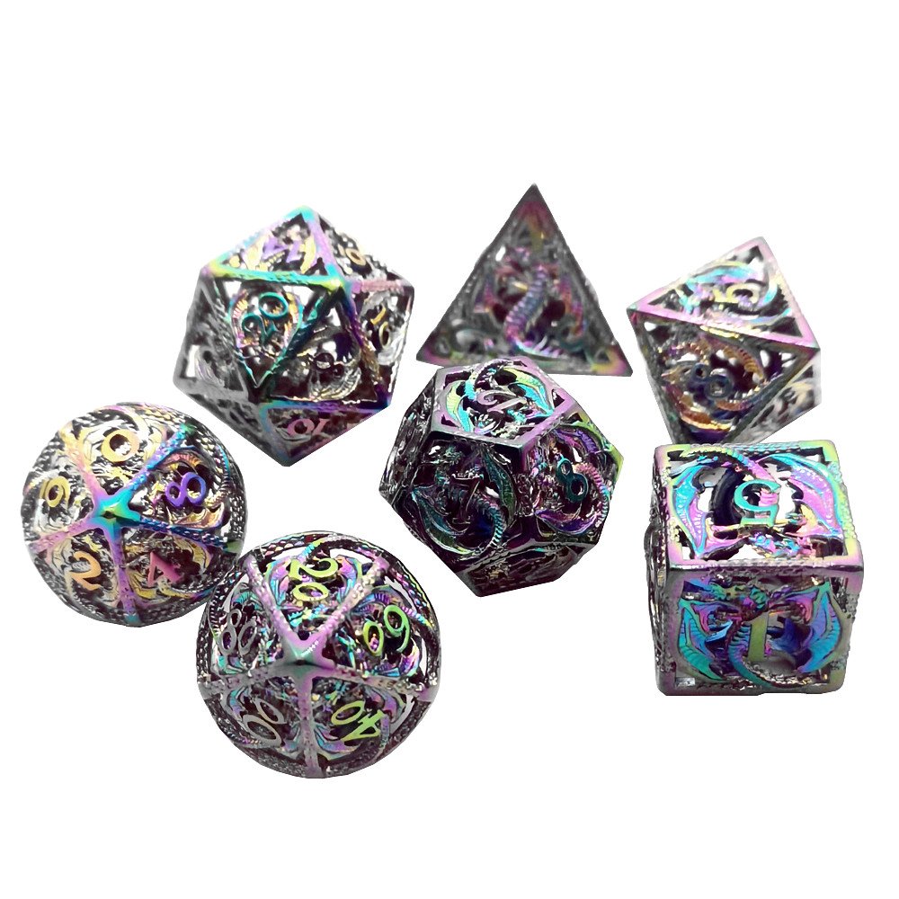 Factory Wholesale Polyhedral Metal Dice Set Custom Rainbow Metal Hollow Dragon Gaming Dice D & D