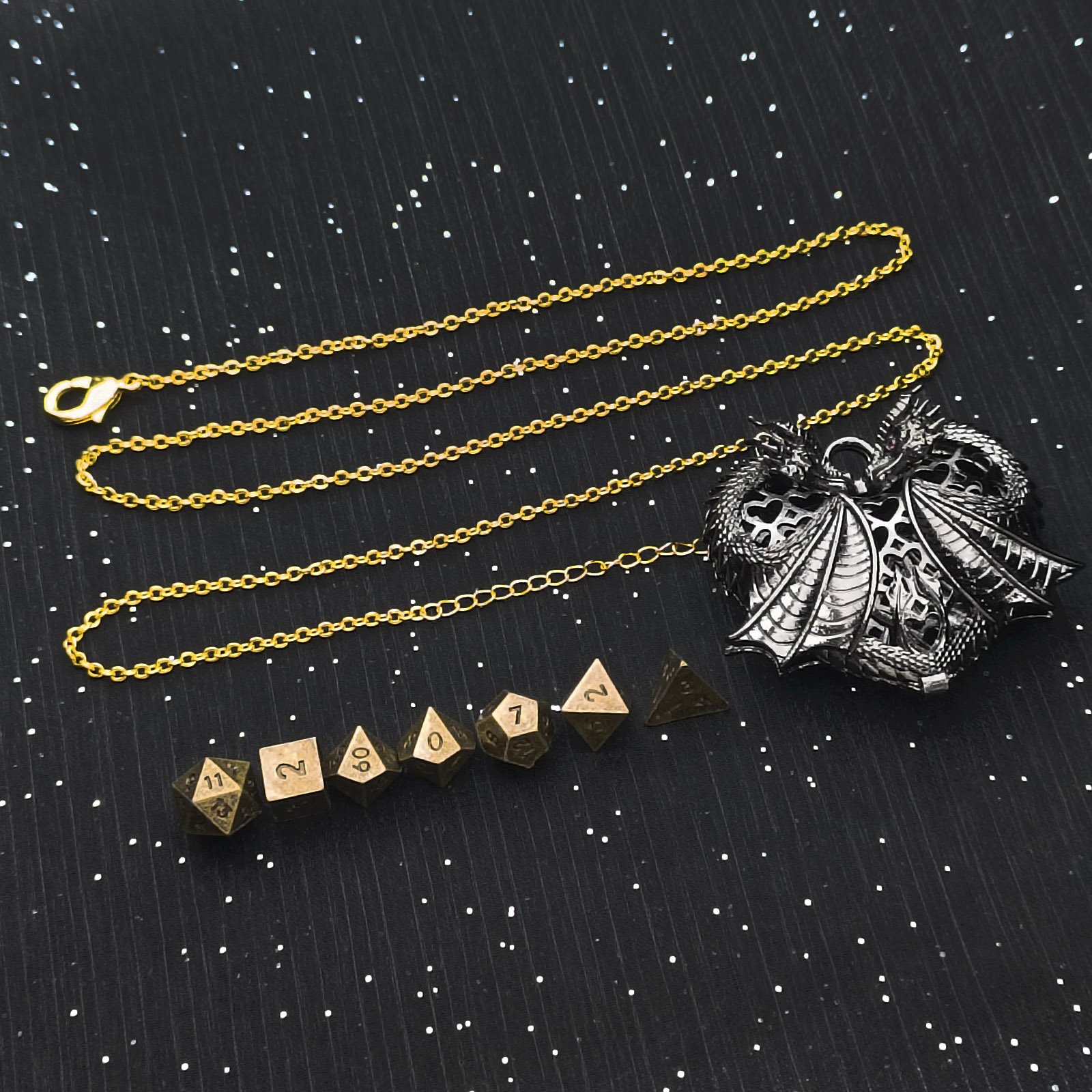 Black Double Dragon Hollow Metal Dice Pendant RPG Board Game Team Teaching Accessory Holiday Gift Hollow Dice Pendant Set