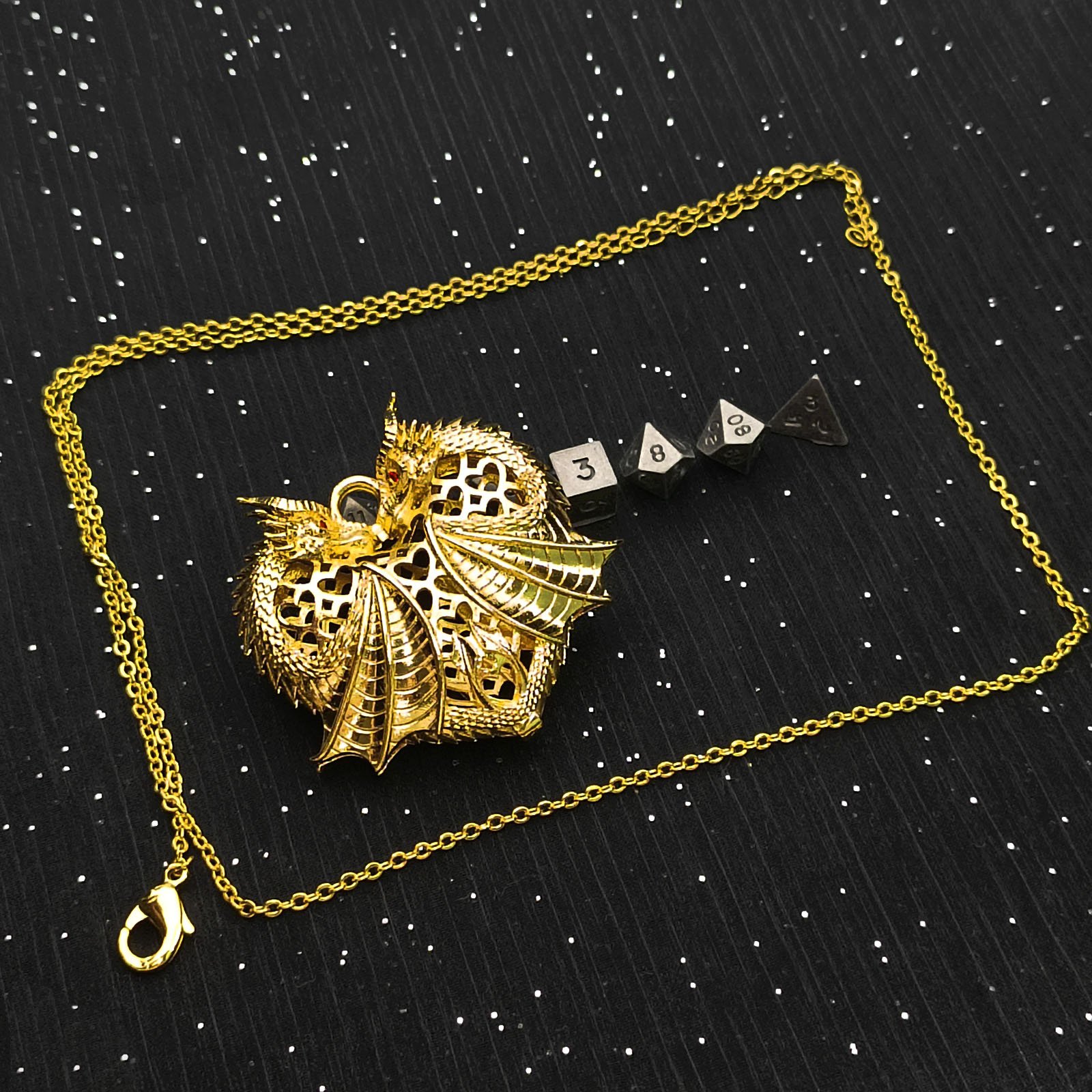 Black Double Dragon Hollow Metal Dice Pendant RPG Board Game Team Teaching Accessory Holiday Gift Hollow Dice Pendant Set