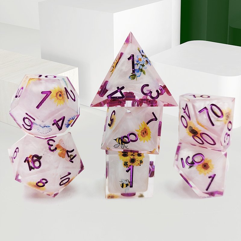 7-Pcs Handmade Metal Dice Set Custom RPG DND Dice Resin Polyhedral Right Angle Stickers for Dungeons & Dragons Game