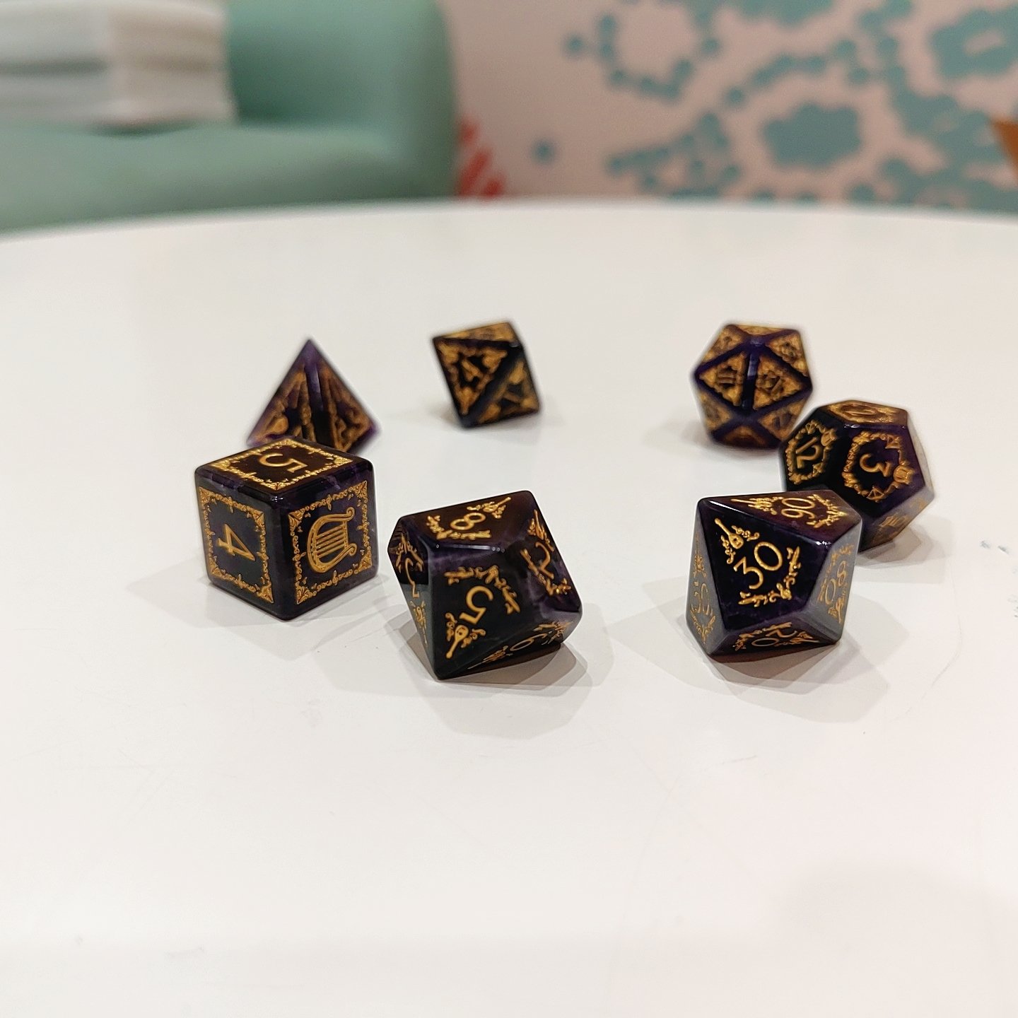 Gemstone Dice High Quality K9 New Style Custom DND Natural Gemstone Amethyst Game Dice, handmade Engraved stone dice For DnD RPG