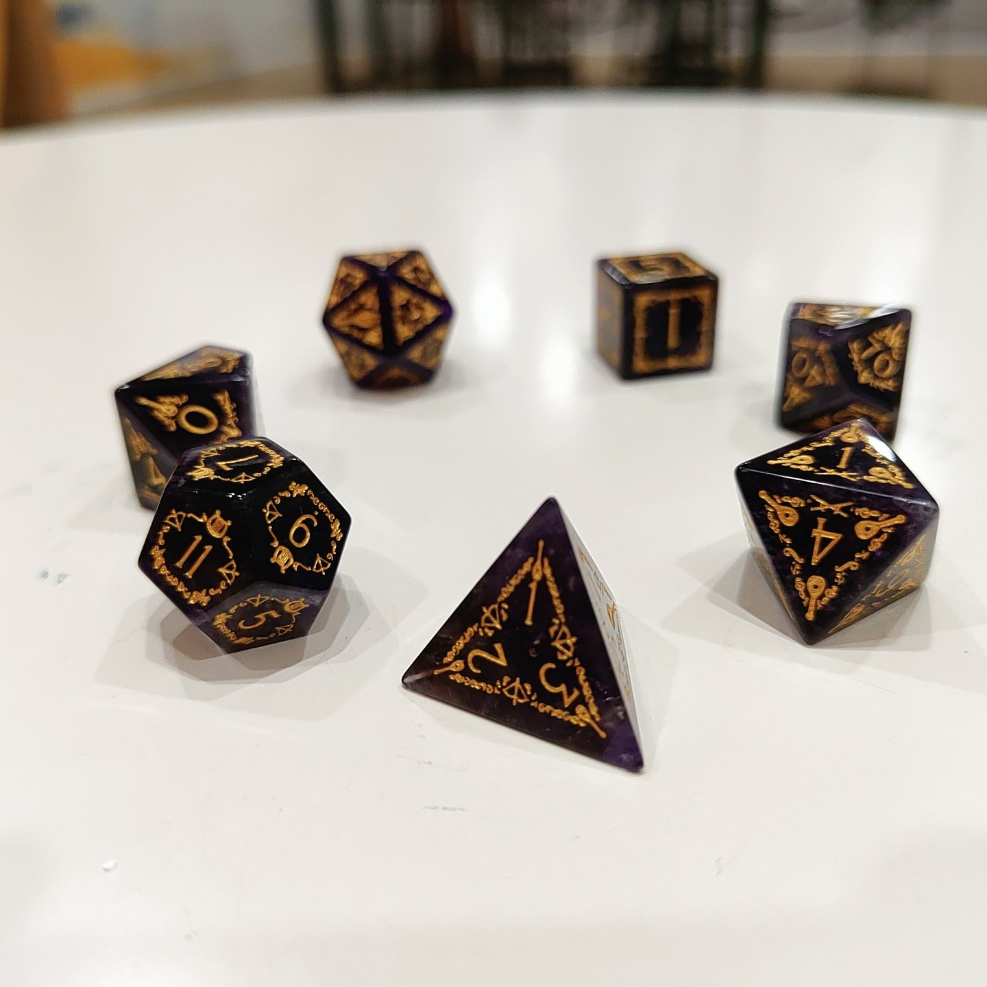 Gemstone Dice High Quality K9 New Style Custom DND Natural Gemstone Amethyst Game Dice, handmade Engraved stone dice For DnD RPG
