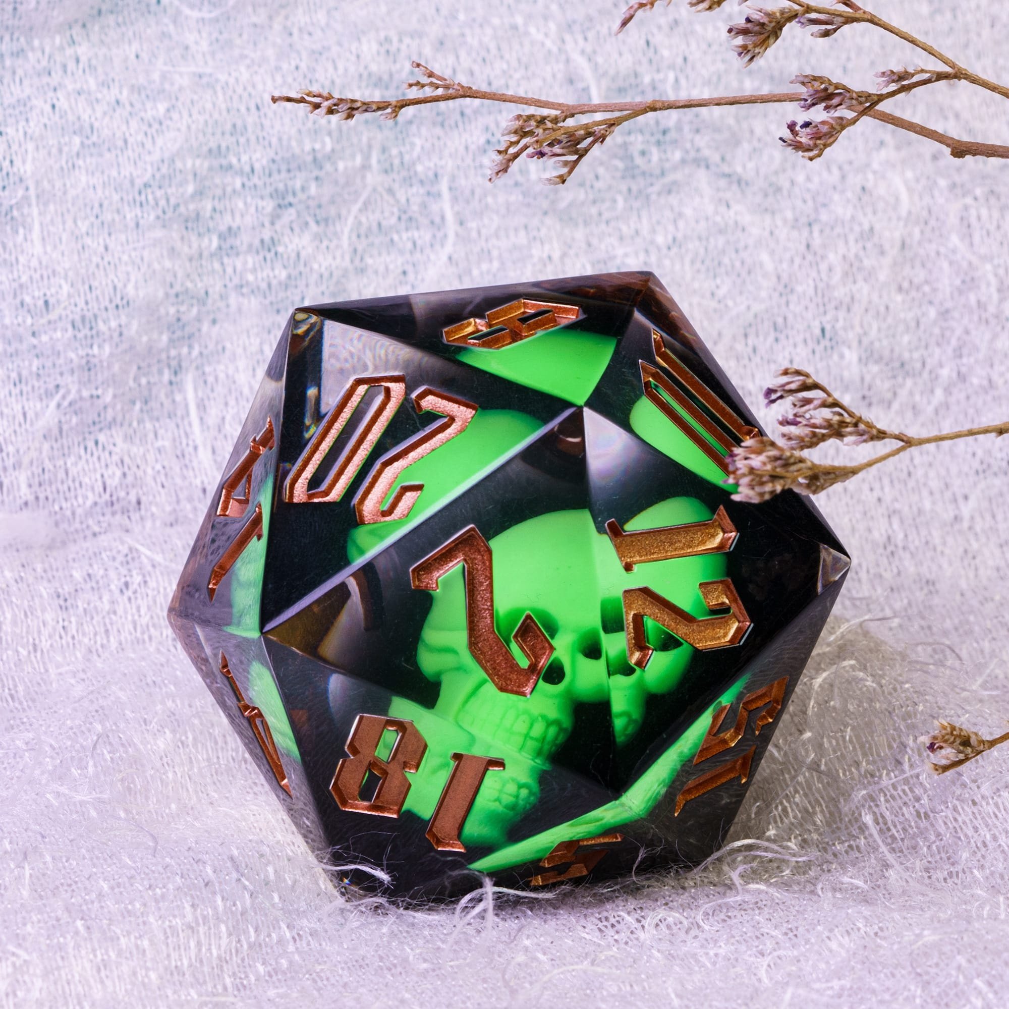 Udixi Custom Handmade 55mm Glow in the Dark Skull D20 Resin Dice Dungeons and Dragons DND RPG board game Dice Set
