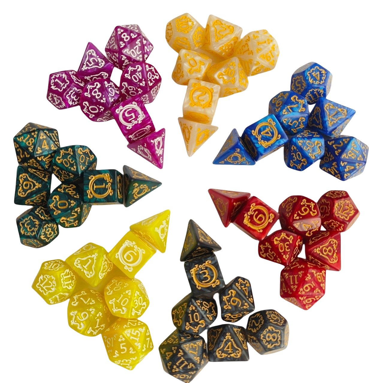 100 Different Styles Mixing Color 7Pcs Transparent Polyhedral Dice Set in Plastic Flask for D&D Role Playing Table Games