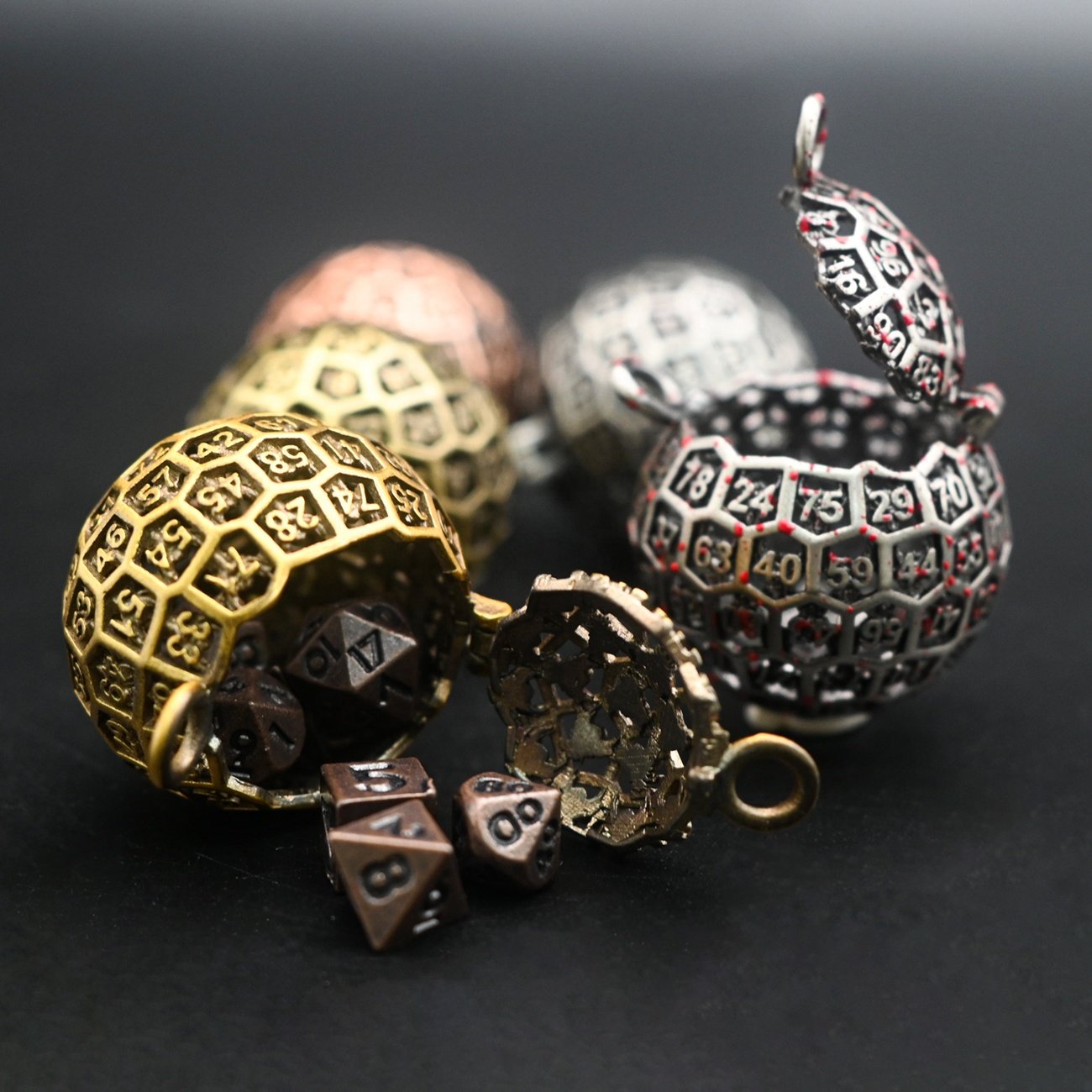 Ancient Hollow D100 Dice Necklace Dice Pendant Earth Shape DND Mini Metal Dice Box for Role Playing Game Lover