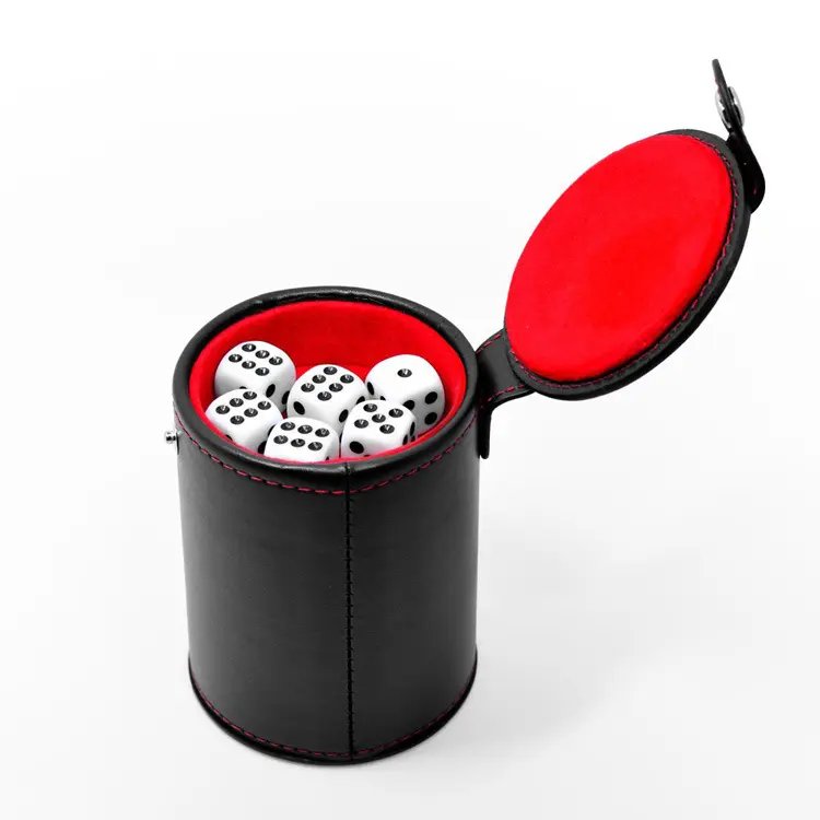 Party Games Leather Dice Cup Set 5 Black Leather Dice Cups + 25 Dice + Exclusive Storage and Transport Case