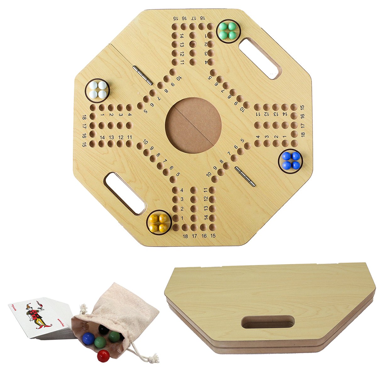 21" Wooden Board Game Double Sided Painted Wood Board Game flying chess Wooden with 6 Colors 24 Marbles 6 Dice Game Set