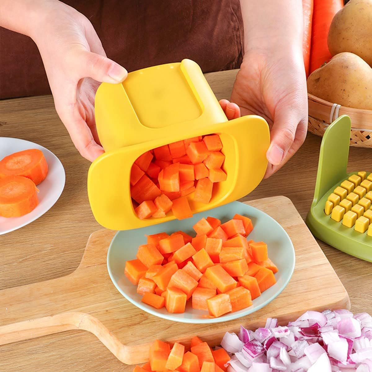 2-in-1 Hand Pressure Vegetable Onion Cucumber Slicer Chopper Dicing & Slitting Manual Veggie Cutter Potato Dicer