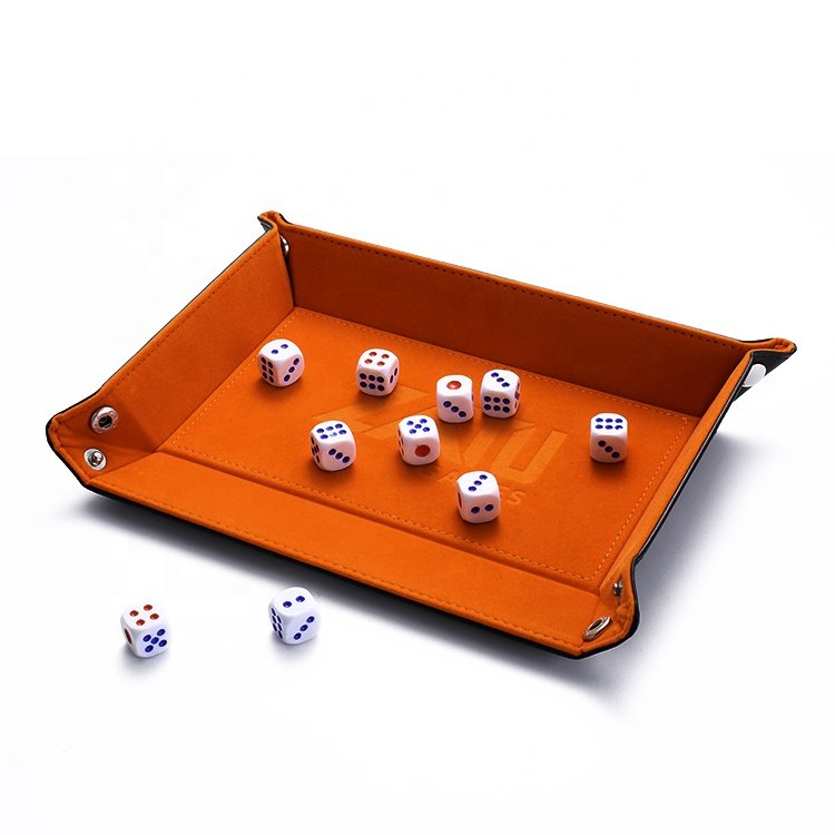 Rectangle Custom Embossed Logo PU Leather DND Dice Rolling Tray with Brass Snaps