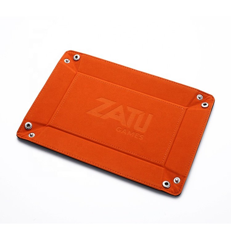Rectangle Custom Embossed Logo PU Leather DND Dice Rolling Tray with Brass Snaps