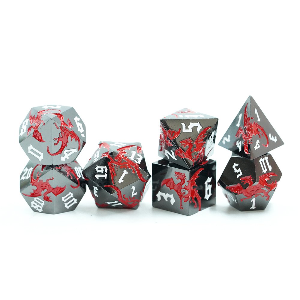 12-sided Game Dice 7pcs Set Multi-sided Digital Dice Complex Pattern Red Dragon Game Dice Wholesale