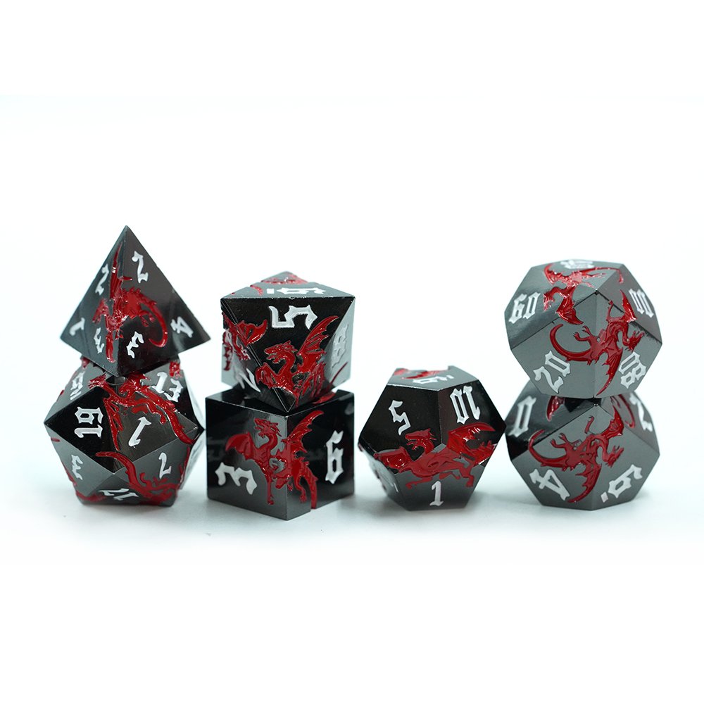 12-sided Game Dice 7pcs Set Multi-sided Digital Dice Complex Pattern Red Dragon Game Dice Wholesale